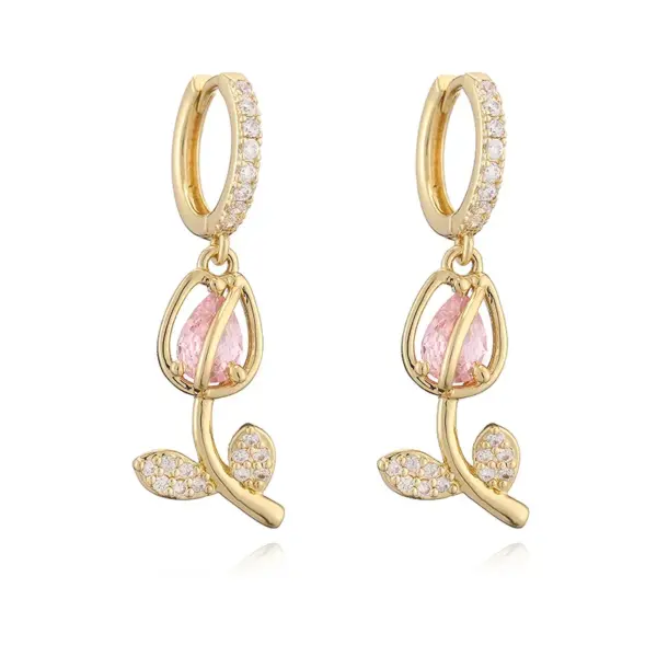 Wholesale Jewelry Elegant Luxurious Shiny Rose Flower Tulips Copper Zircon 18K Gold Plated Plating Inlay Cable Chain Jewelry Set