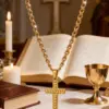 Wholesale Waterproof Non Tarnish Cross Necklace For Adults, 304 Stainless Steel With 18K Real Gold Electroplated, Featuring Woven Chain