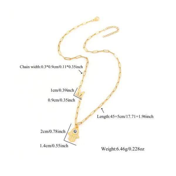 Wholesale Simple Fashion Classic Micro Pave Zircon Fatima Hand Initial Pendant Gold Stainless Steel Paperclip Chain Women's Necklace