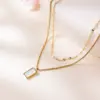 Wholesale Double Layer Stacked Rectangular White Shell Titanium Steel Necklace For Women 18k Gold Clavicle Chain