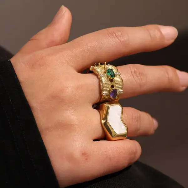 Wholesale Oval African Style Ring For Independence Day, 304 Stainless Steel With 18K Real Gold Plated 0.03µm Thickness And Zircon Inlay
