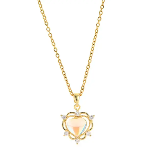 Wholesale Lady Heart Shape Flower Titanium Steel Plating Inlay Zircon Gold Plated Pendant Necklace
