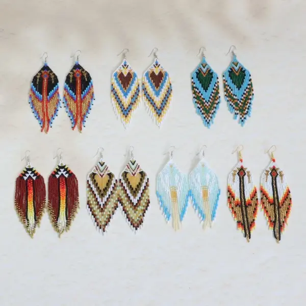Wholesale Bohemian Long Tassel Earrings Handmade Beaded Women's Party Jewelry Geometric Shape Ethnic Style Triangle And Ring Craft