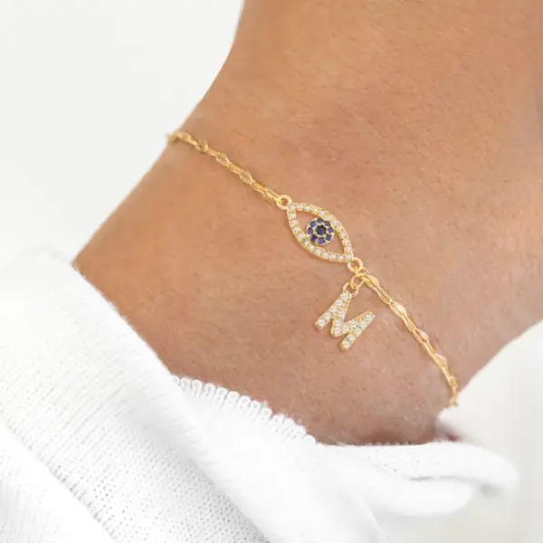 Wholesale Fashionable Initial Pendant Zircon Devil's Eye Stainless Steel Gold Color Women's Bracelet Lip Chain Simple Style Everyday Wear