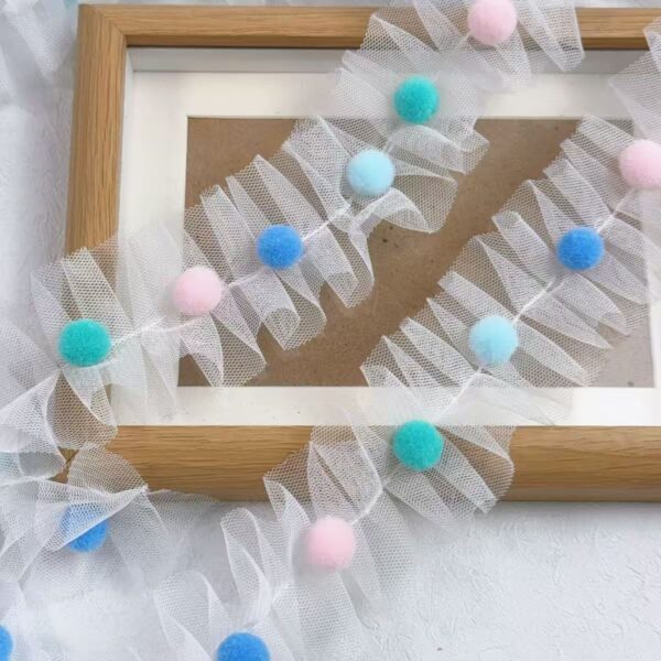 Wholesale 5cm wide color pompom pleated mesh stereo lace candy color wool ball handmade DIY decorative material