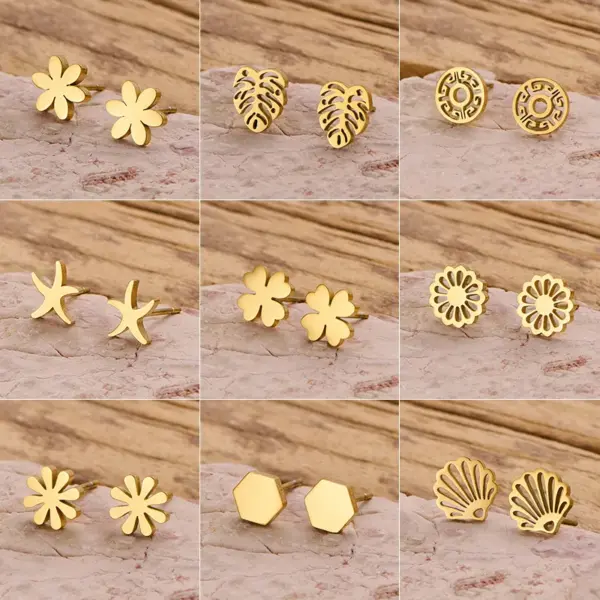 Wholesale Girls' Daily Mini Earrings Fashion 304 Stainless Steel 18K Gold Plated Vacuum Electroplating Cut Flower Leaf Simple Style Earrings