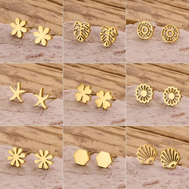 Wholesale Girls' Daily Mini Earrings Fashion 304 Stainless Steel 18K Gold Plated Vacuum Electroplating Cut Flower Leaf Simple Style Earrings