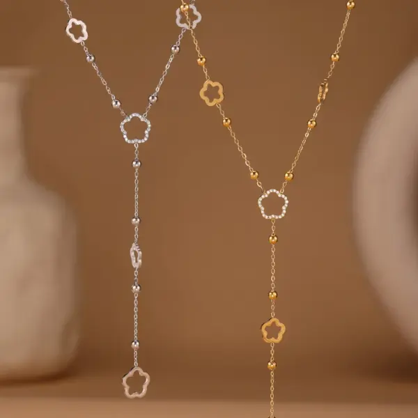 Wholesale 5A Zirconia Flower Small Beads Glue Diamond Lockbone Necklace 18K Gold Plated Stainless Steel Versatile Y-Shaped Jewelry Accessory