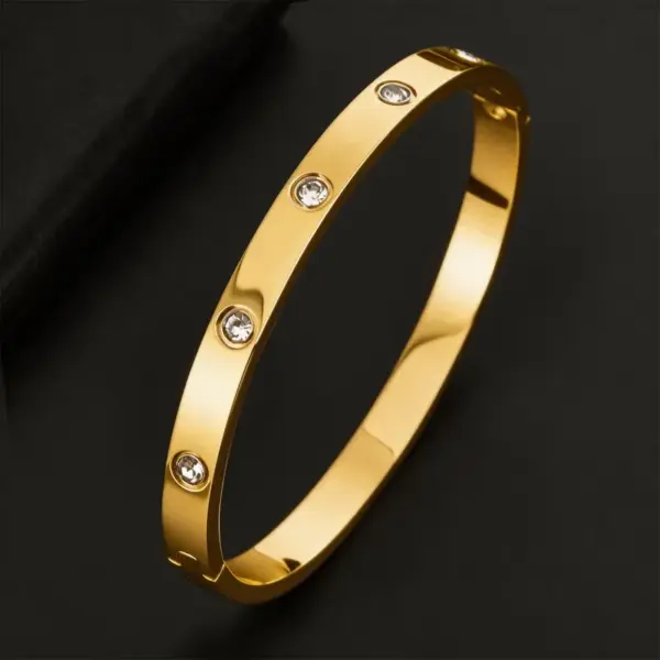 Wholesale Geometric Hypoallergenic Bangle For Women In 304 Stainless Steel With 14K Real Gold Electroplated And Rhinestone Inlay