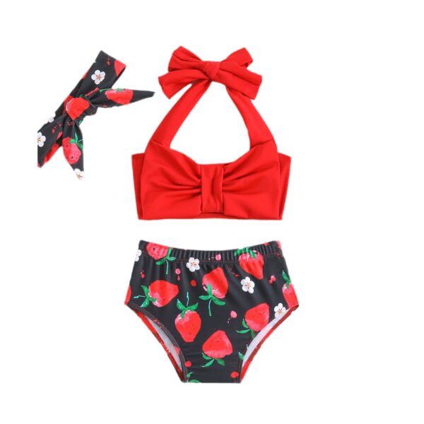 Wholesale Girls Strawberry Print Swimsuit Infant and Toddler Red Suspender Swimsuit Separates Bow Swimming Hairband