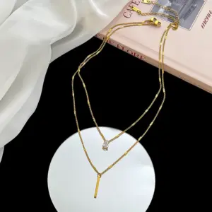 [H371] Double-Layer Water Drop Square Necklace / Gold