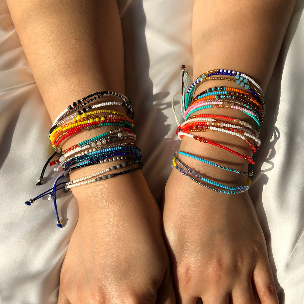 Wholesale European and American Jewelry Hand Beaded Crystal Bracelet Bohemian Ethnic Style Color Rice Bead Bracelet Women's Braided Rope Hand Rope