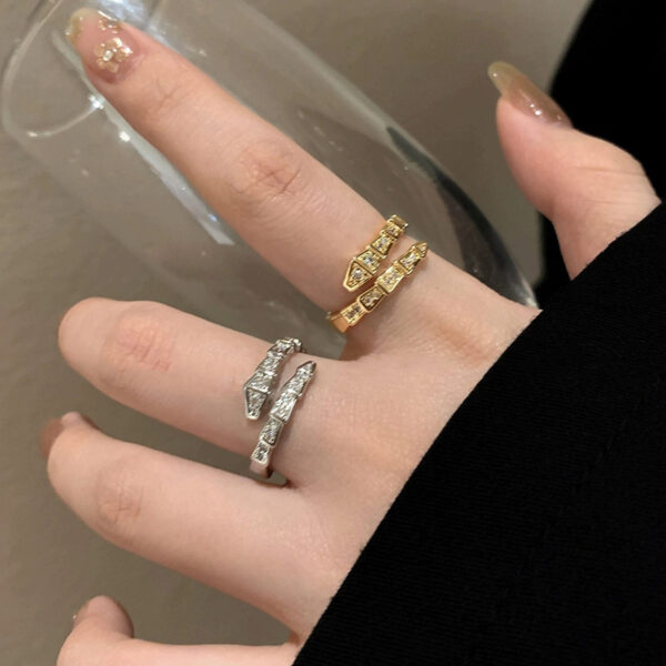Wholesale Sparkling Diamond Snake-Shaped Ring for Women Ins Accessible Luxury Niche Silver Open Ring Texture Simple and Versatile Trendy and Cool