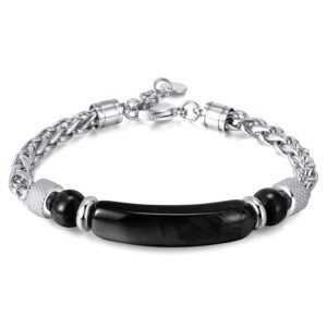 GS1476-Steel Bracelet Obsidian Bead Agate