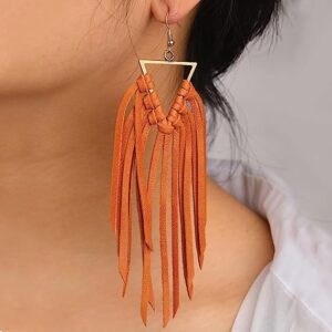 Wholesale Cross-border Amazon Hot Style Distinctive Tassel Western Style Earrings ins European and American Ethnic Style Leather Large Long Earrings