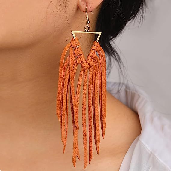 Wholesale Cross-border Amazon Hot Style Distinctive Tassel Western Style Earrings ins European and American Ethnic Style Leather Large Long Earrings