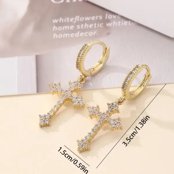 Wholesale Handmade Cross Earrings For Women In Copper With KC Golden Water Plating And Zircon Inlay, Elegant Drop Design