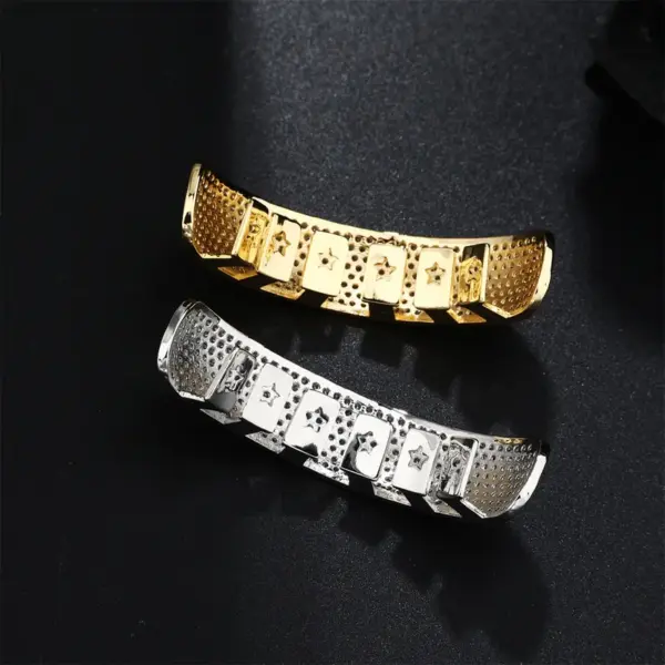 Wholesale Geometric Grillz In 304 Stainless Steel With Zircon Inlay, Waterproof Non Tarnish, PVD Coated Golden Plated With 0.01µm Thickness