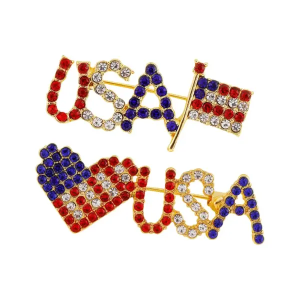Wholesale Fashionable Alloy Diamond Embedded Heart Shaped Lapel Pins Women's Clothing Accessories USA Flag Letter Brooch Pin Trendy Geometric Pattern