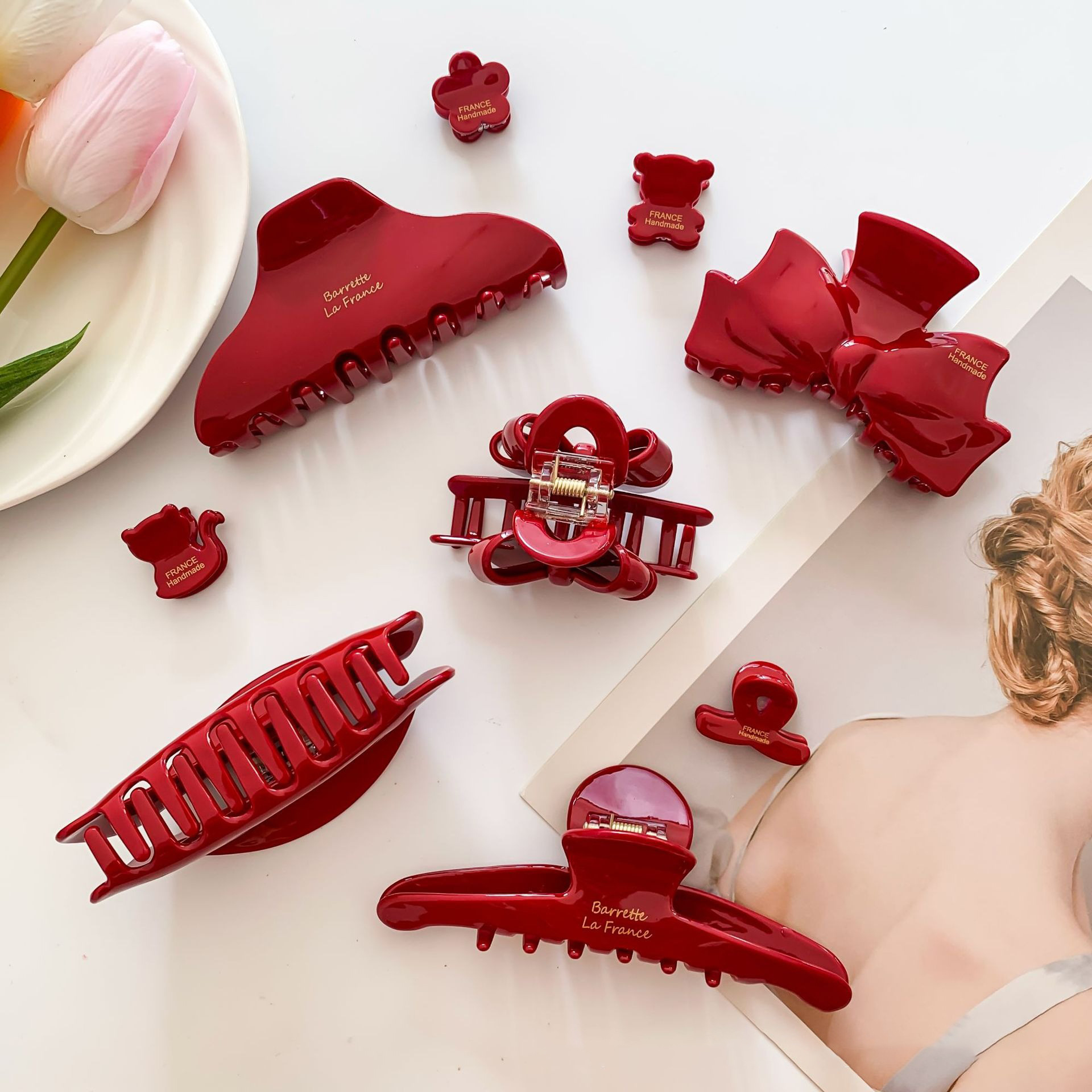 Wholesale Red Bow Acetic Acid Grab Clip High-grade Shark Clip Tanabata Valentine's Day French Fashion Back Head Hairpin for Women