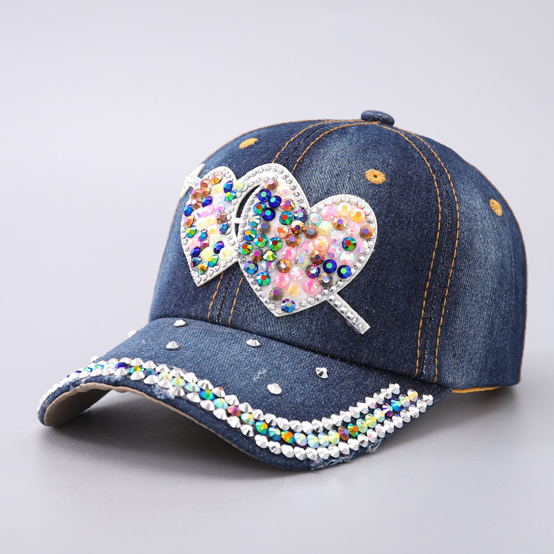 Wholesale Cross-border Amazon New Denim Baseball Cap Women Fashion Color Diamond Love Love Butterfly Curved Cornice Cap in stock