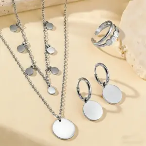 Steel Color / Average Size / Smooth Round Pendant Necklace, Earrings, and Ring Set