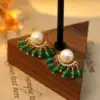 Wholesale Hong Kong Tassel Earrings Green Agate Freshwater Pearl Women's Jewelry Simple Geometric Gold-Plated Copper