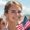 Wholesale New Popular Diamond Embedded Heart American Flag Red Blue Stripes Earrings Independence Day Independent Sale Geometric Pattern Women's Jewelry