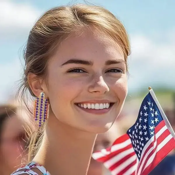 Wholesale New Popular Diamond Embedded Heart American Flag Red Blue Stripes Earrings Independence Day Independent Sale Geometric Pattern Women's Jewelry