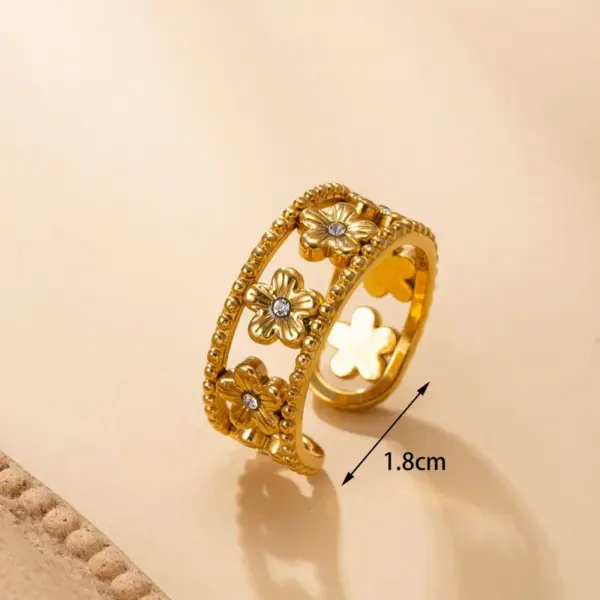 Wholesale Trillion-Cut Open Ring For Women With Bezel Setting, 18K Real Gold Plated PVD Coated 304 Stainless Steel Featuring Rhinestones