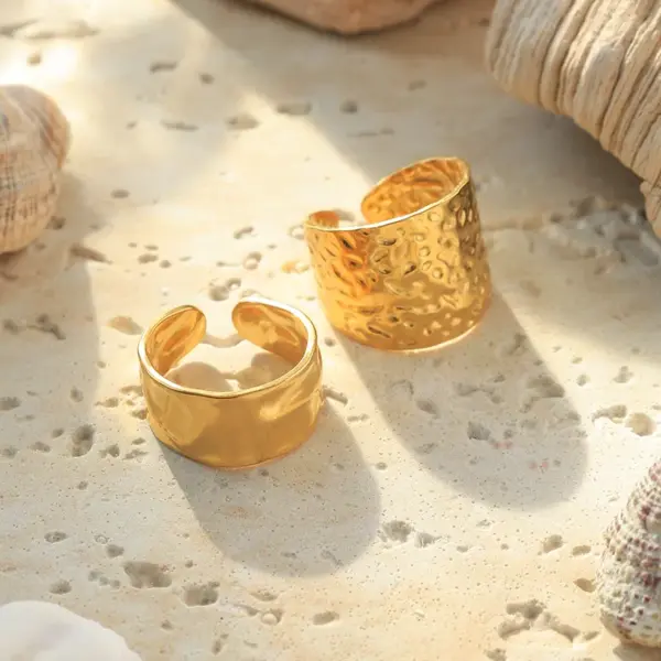 Wholesale 18K Gold Plated 304 Stainless Steel Vacuum Electroplating (In Furnace) Geometric Simple Embossed Wide Open Ring