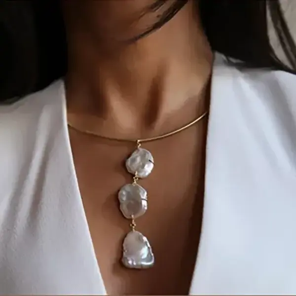 Wholesale 304 Stainless Steel Irregular Geometric Vacuum Electroplating (In Furnace) Plated 18K Real Gold Freshwater Pearl Tubular Collar