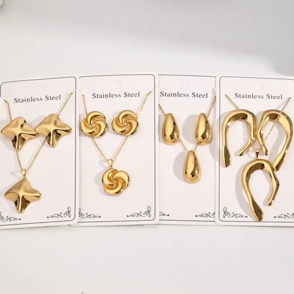 Wholesale Irregular 304 Stainless Steel Water Plated Gold Rhombus Spiral Waterdrop Necklace Earring Set Elegant Casual Jewelry Accessories For Women