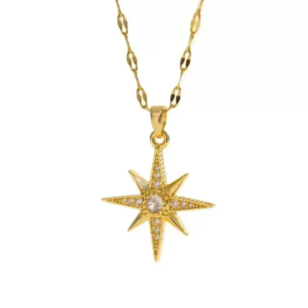 Wholesale Starburst Inlay Pendant Necklace For Women, 18K Gold Plated Copper With Artificial Rhinestones And Lip Chain
