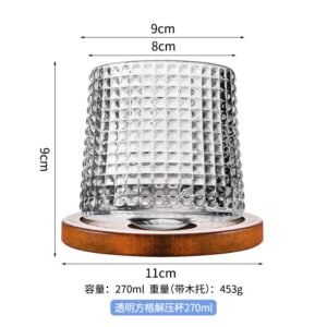 Transparent square rotating whiskey glass with wooden holder