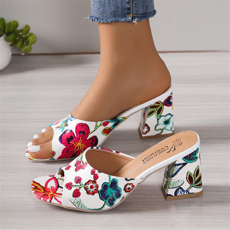 Wholesale European and American Foreign Trade Embroidered Open Toe High Heel Square Head Slippers Women's Cross-border plus size Coarse Heel Fashion S