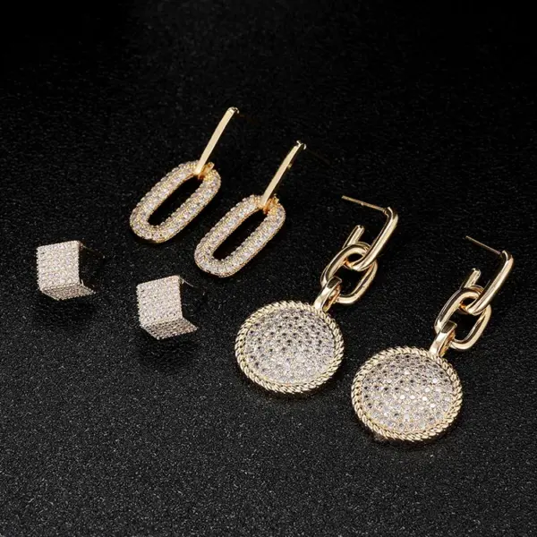 Wholesale Geometric Earrings For Women In 14K Real Gold Plated Copper Featuring Zircon Inlay