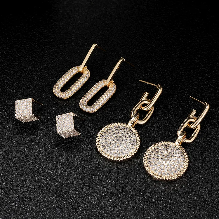 Wholesale Geometric Earrings For Women In 14K Real Gold Plated Copper Featuring Zircon Inlay