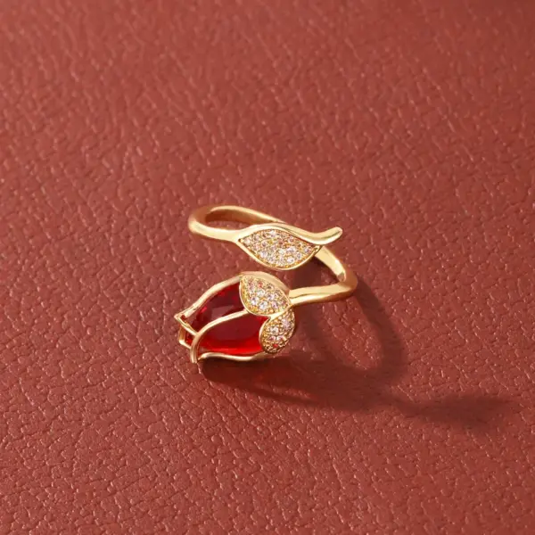 Wholesale Petal Open Ring For Women Featuring Natural Stone Inlay With 18K Real Gold Plated Copper And Water Plating Stone Texture