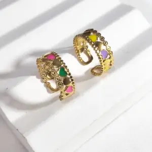 Wholesale 18K Real Gold Plated Vacuum Electroplating Furnace Oil Drop 304 Stainless Steel Ring Vintage Non-Fading Niche Light Luxury Heart Women's Open Ring