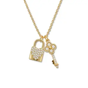 Wholesale Asymmetrical Key Necklace For Women In 304 Stainless Steel With 18K Real Gold Plated PVD Coating And Rhinestone Inlay On Cable Chain