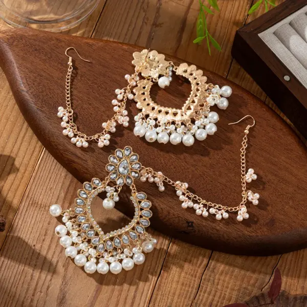 Wholesale Luxury Teardrop Rhinestone Pearl Tassel Earring Set With Chain For Women Ethnic Style Personality Jewelry Combination - Nihaojewelry