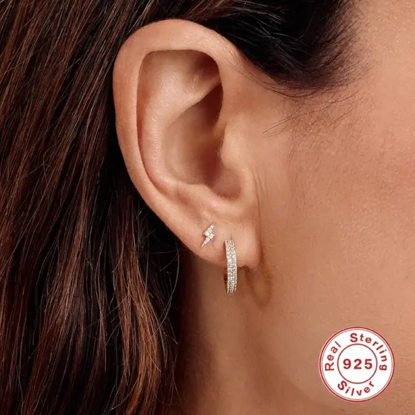 Wholesale 1 Pair S925 Sterling Silver Curved Wave Two-tone Diamond Earrings Silver Round Hoop Earrings