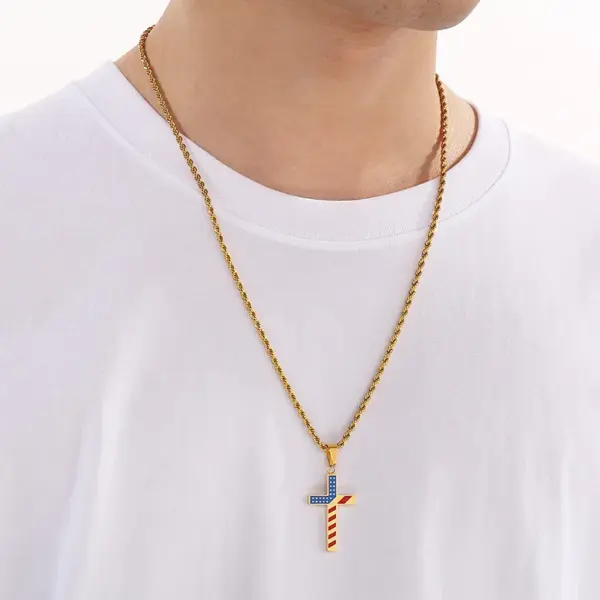 Wholesale 1 Piece 33*20mm 600*3mm 304 Stainless Steel 18K Gold Plated Cross American Flag Pendant Chain