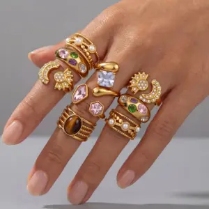 Wholesale 18K Gold Plated 304 Stainless Steel Diamond Ring Vintage Gemstone Ring Vacuum Electroplating (In Furnace) Geometric Asymmetric Ring Jewelry Rings For Women With Rhinestones And Tiger Eye