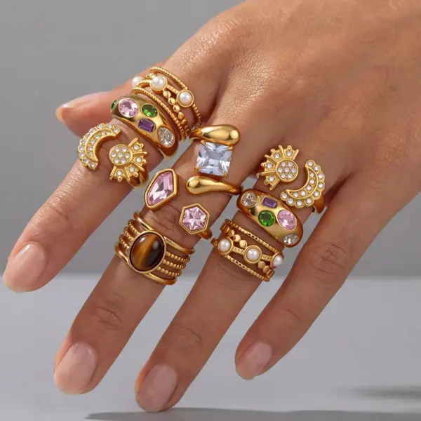 Wholesale 18K Gold Plated 304 Stainless Steel Diamond Ring Vintage Gemstone Ring Vacuum Electroplating (In Furnace) Geometric Asymmetric Ring Jewelry Rings For Women With Rhinestones And Tiger Eye