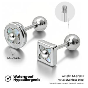 Steel color + inlaid four-leaf clover white real mother-of-pearl stainless steel screw earrings (priced by pair, 12 pairs per pack) / [full body stainless steel material] [mirror polished furnace vacuum plating] [waterproof and non-fading]