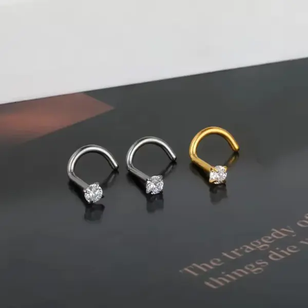 Wholesale 1 Piece Nose Rings & Studs Simple Style Classic Round Square Pure Titanium Alloy Zircon Vacuum Plating 14K Gold Plated White