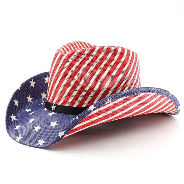 Wholesale American Flag Cowboy Style Straw Hat With Flat Brim Featuring UV Protection, Polyester Material And Star Craft