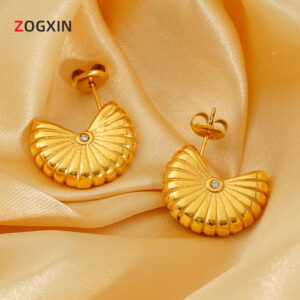 oly-1fbf3224f163095cd19f0a021c49da9c Wholesale Casual Elegant Fan-Shaped Threaded Titanium Steel Earrings for Women Ins Style Geometric Vertical Stripess Design High-End Earrings